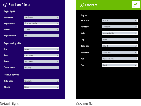 ejemplos de los controles flotantes predeterminados y personalizados para la configuración avanzada de impresión.