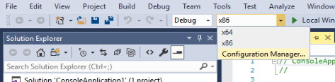 Captura de pantalla de la barra de herramientas de Visual Studio que muestra la opción Configuration Manager en el menú desplegable de la plataforma de soluciones.