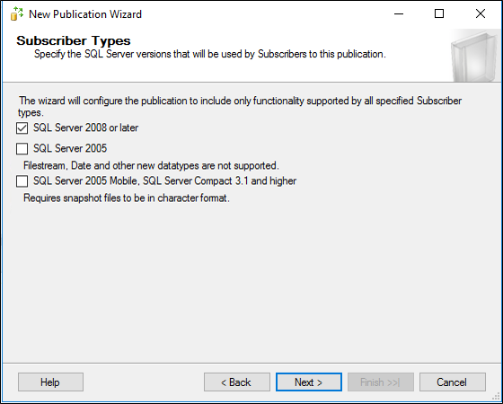 Captura de pantalla que muestra dónde elegir SQL Server 2008 o posterior.