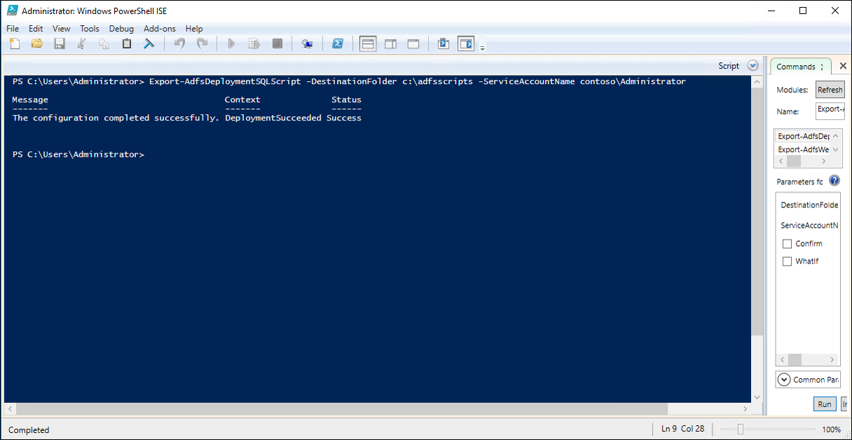 Captura de pantalla que muestra cómo ejecutar el Export-AdfsDeploymentSQLScript en el nodo de AD FS principal.
