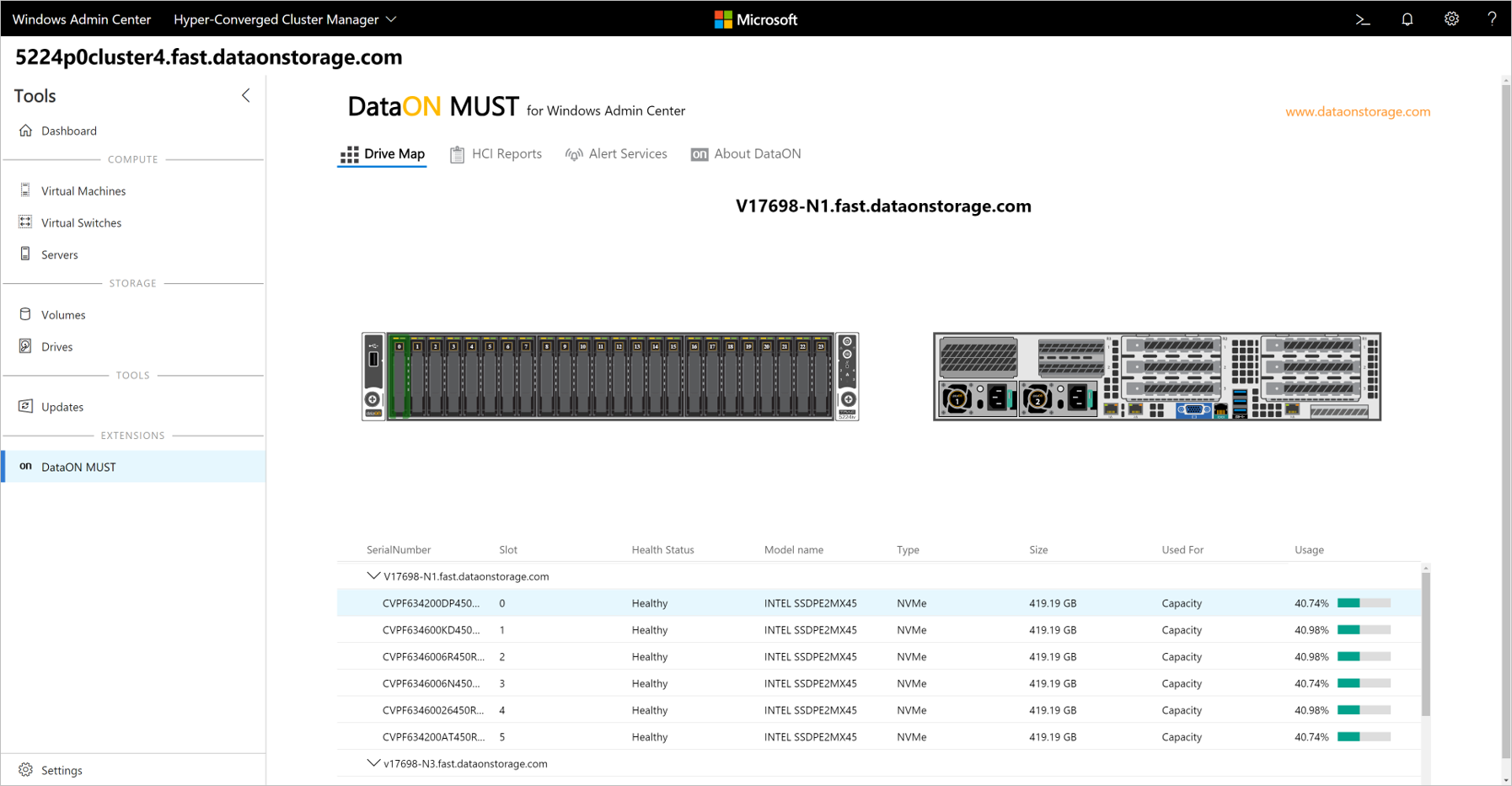 Captura de pantalla de Windows Admin Center que muestra la asignación de disco en la extensión DataON MUST.