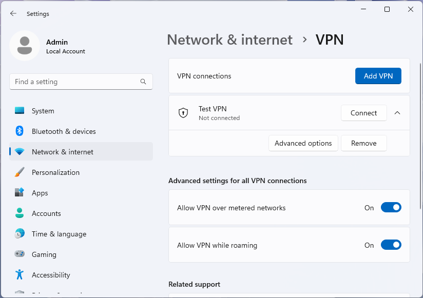 Captura de pantalla de la página VPN con perfil seleccionado en la aplicación Configuración de Windows 11.