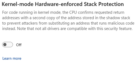 Captura de pantalla del botón de alternancia para activar o desactivar la protección de pila aplicada al modo kernel.