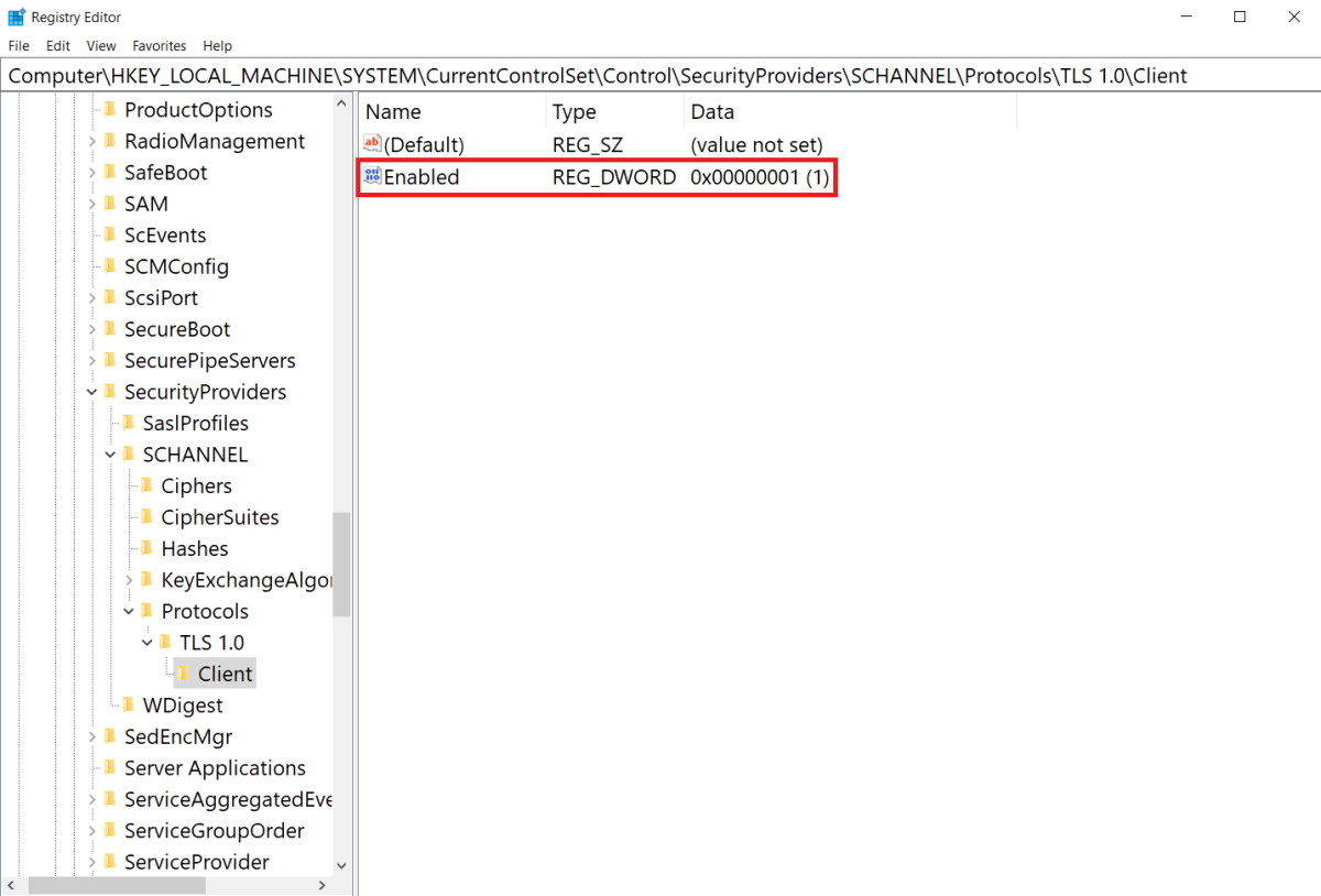 Captura de pantalla de la configuración del Registro de Windows Server para habilitar TLS 1.0 en el lado cliente.