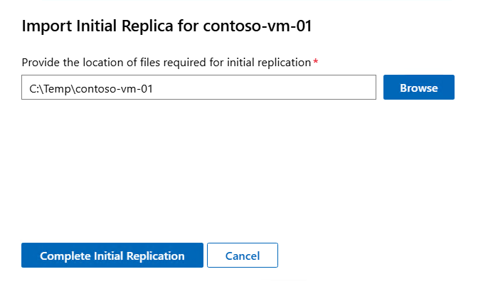 Captura de pantalla del panel Importar réplica inicial que solicita la ruta de acceso del archivo a la réplica inicial exportada y el botón Completar replicación inicial.