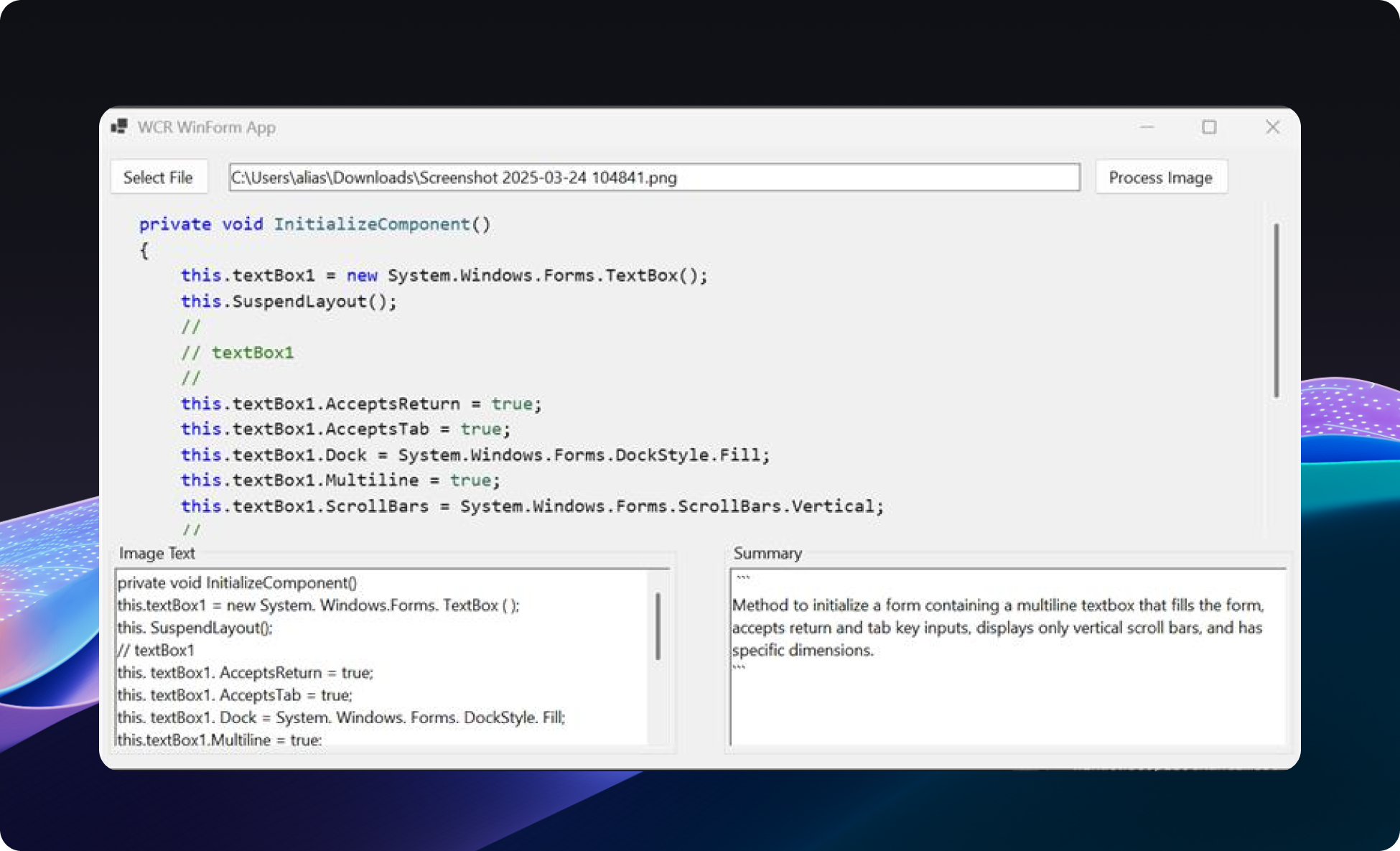 Aplicación de ejemplo después de capturar texto de imagen (mostrado en el cuadro inferior izquierdo) y resumir el texto de la imagen (que se muestra en el cuadro inferior derecho).