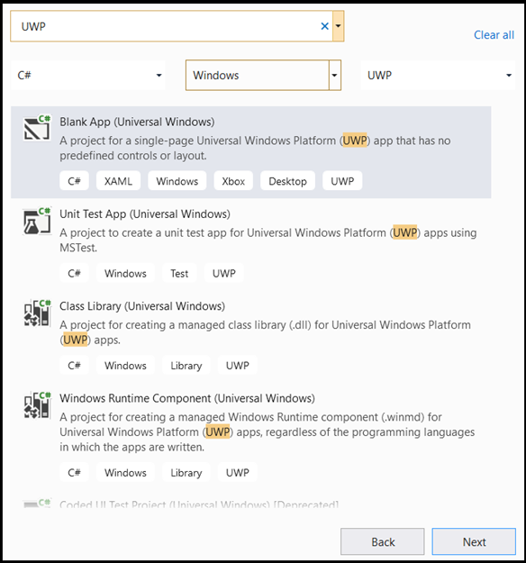 Creación de una nueva aplicación para UWP