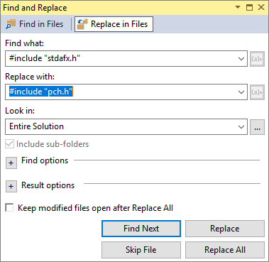 Buscar y reemplazar stdafx.h
