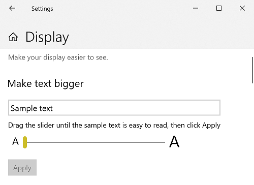 Captura de pantalla de la página de configuración de Visión/Pantalla del Centro de accesibilidad mostrando el control deslizante para hacer el texto más grande.
