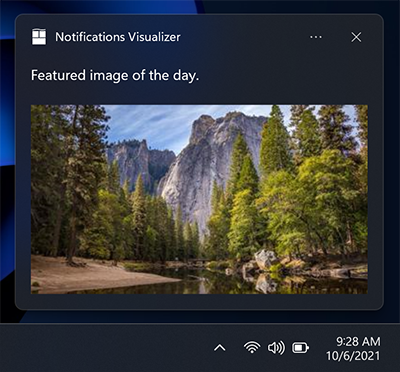 Captura de pantalla de una notificación de aplicación que muestra la ubicación predeterminada de la imagen, insertada, rellenando el ancho completo del área visual.