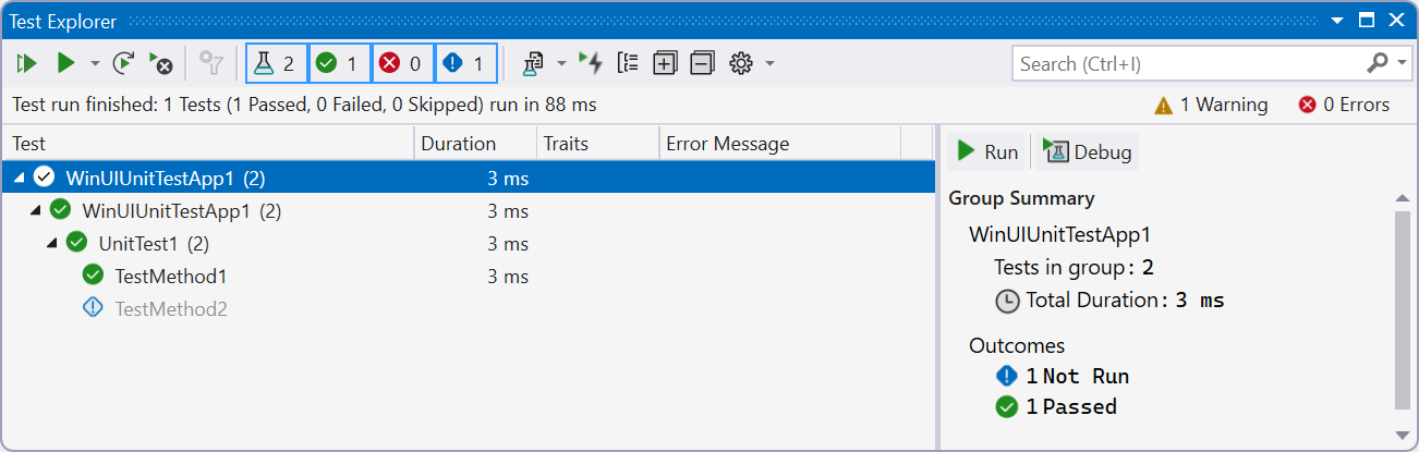 Captura de pantalla de la ventana Explorador de pruebas en Visual Studio que muestra los resultados de la ejecución de pruebas.