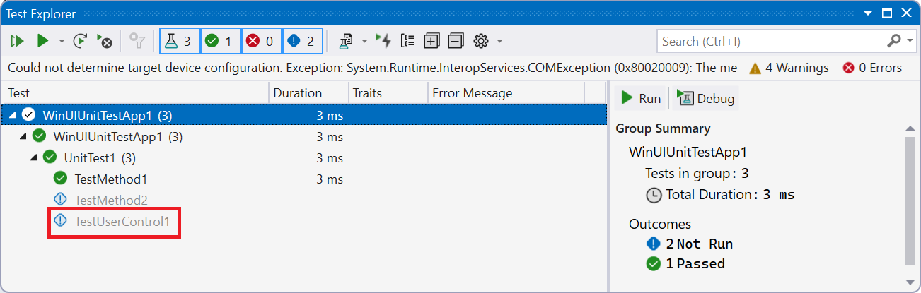 Captura de pantalla de la ventana Explorador de pruebas en Visual Studio que muestra las pruebas de ejemplo predeterminadas con la nueva prueba unitaria.