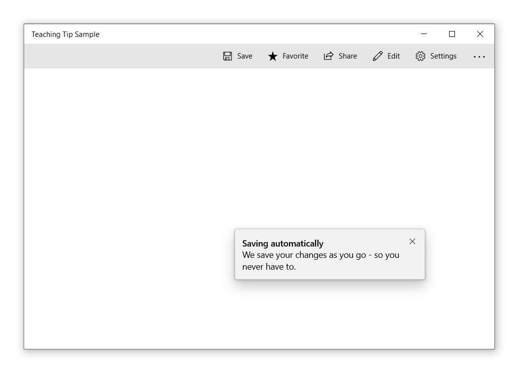 Una aplicación de ejemplo con una sugerencia de enseñanza situada hacia, pero no totalmente contra, la esquina inferior derecha. El título de la sugerencia lee 