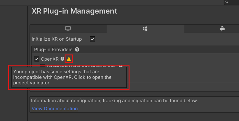 Mensaje de advertencia de OpenXR