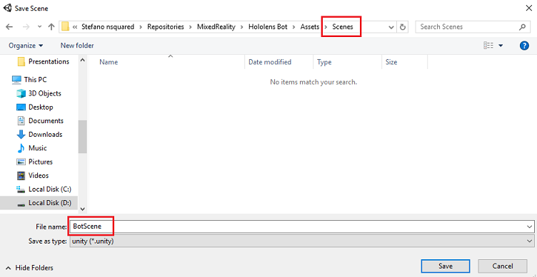 Captura de pantalla de la carpeta Escenas y el archivo recién creado que se está guardando.