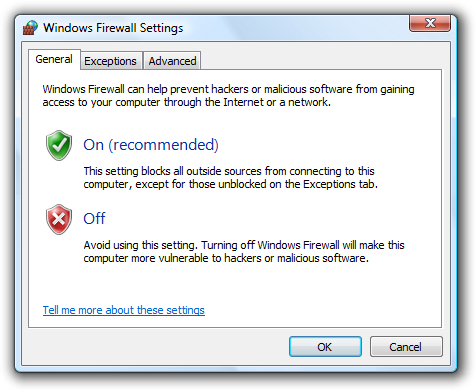 captura de pantalla del cuadro de diálogo de configuración de firewall con pestañas 