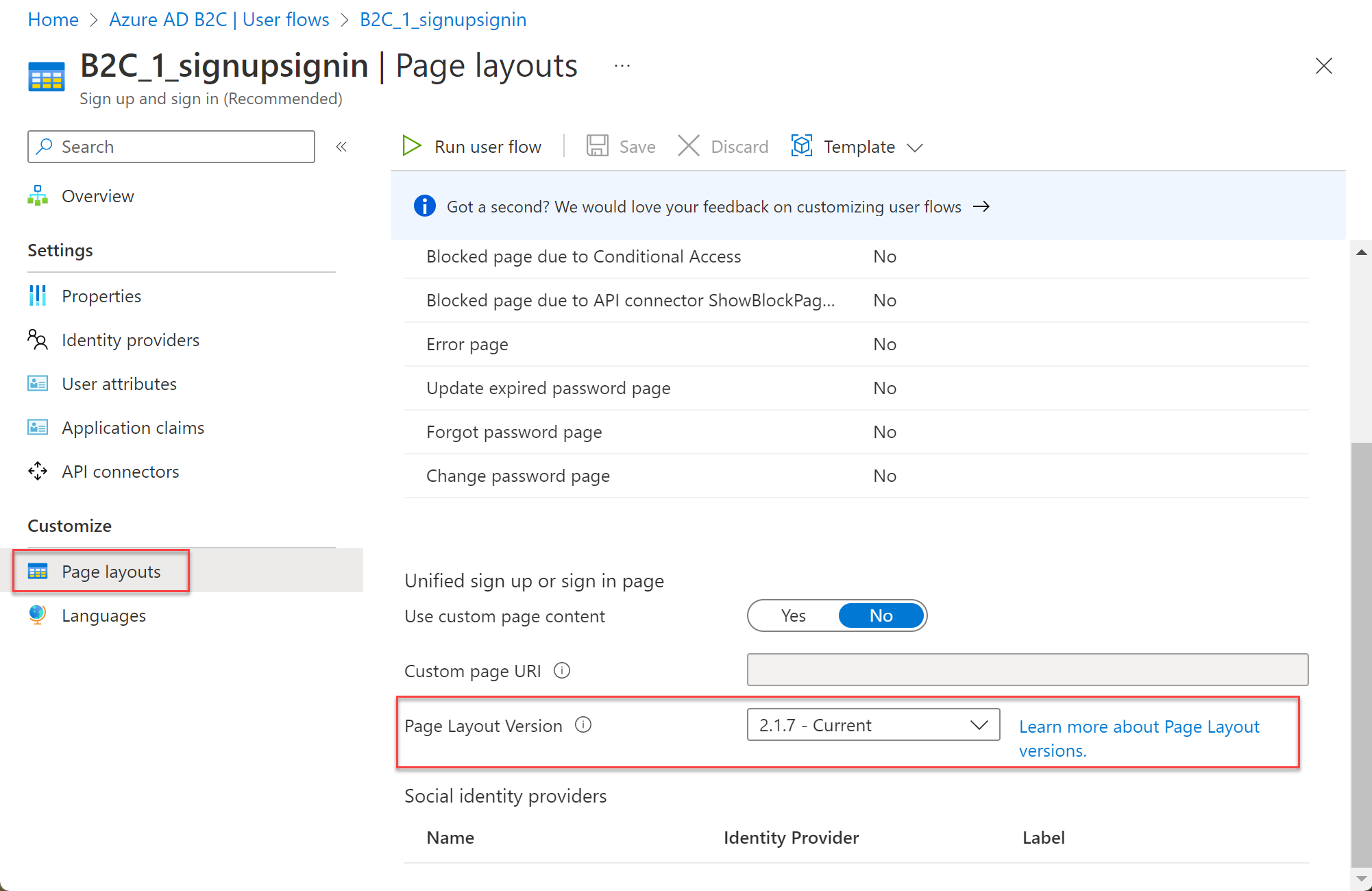 Configuración del diseño de página en el portal en la que se muestra la lista desplegable de la versión de diseño de página