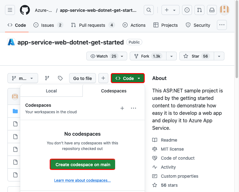 Recorte de pantalla que muestra cómo crear un espacio de código en el repositorio de GitHub app-service-web-dotnet-get-started.