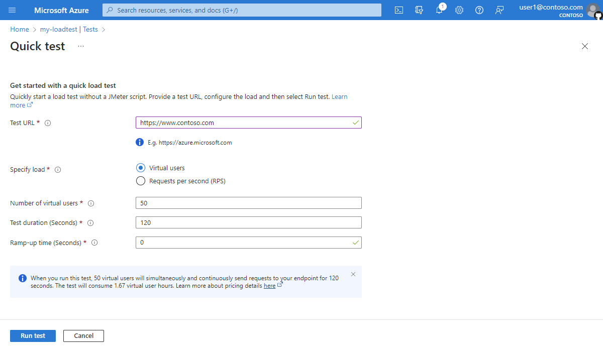 Recorte de pantalla que muestra la página para crear una prueba rápida en Azure Portal.