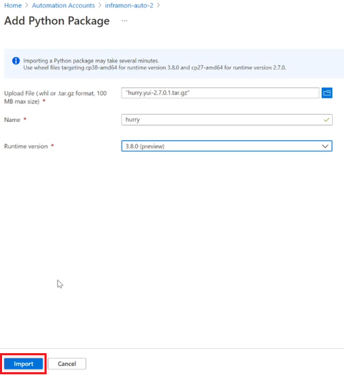 Recorte de pantalla que muestra la página Agregar un paquete de Python&nbsp;3.8, con un archivo tar.gz cargado y seleccionado.