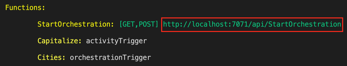Captura de pantalla de la salida local de Azure.