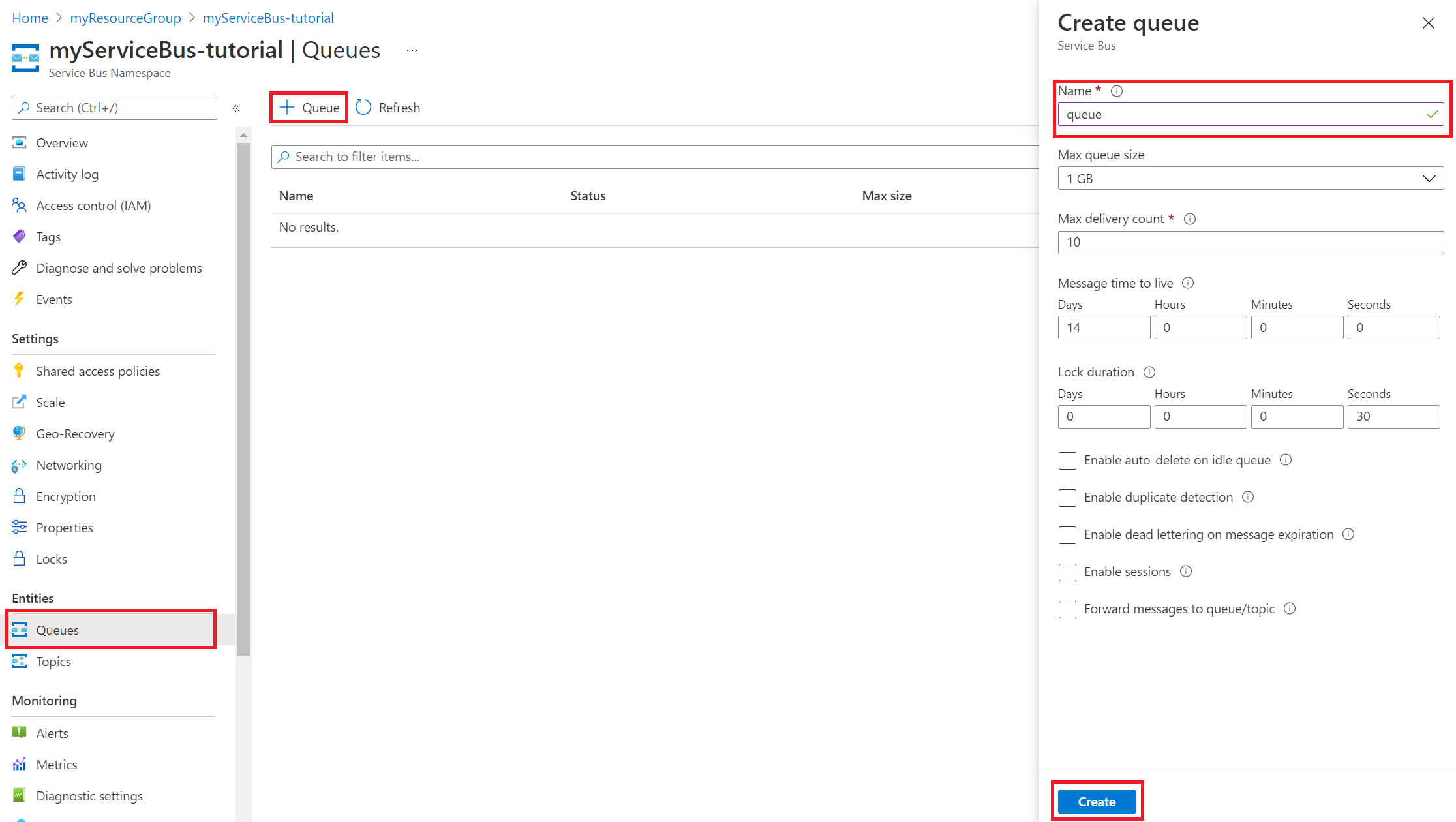 Captura de pantalla para crear una cola de Service Bus.