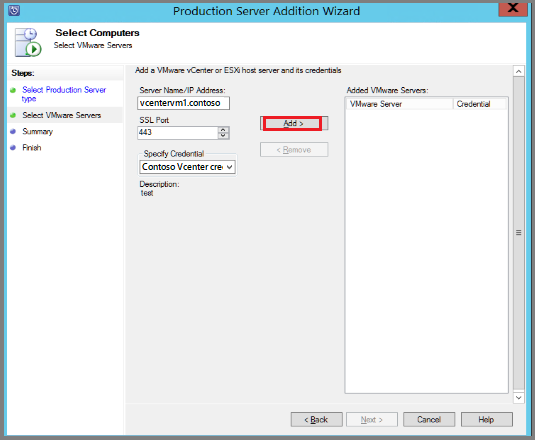 Captura de pantalla que muestra cómo agregar el servidor y las credenciales de VMware.