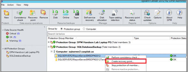 Captura de pantalla que muestra cómo empezar a crear el punto de recuperación en línea.