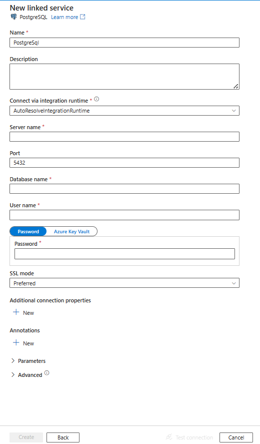 Configure un servicio vinculado a PostgreSQL.