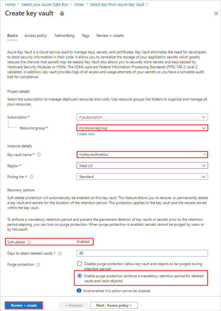 Captura de pantalla de los controles presentes al crear una nueva clave de Azure Key Vault en la pestaña Seguridad del pedido de exportación de Data Box.