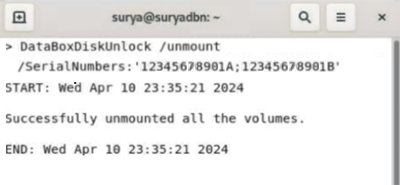 Captura de pantalla de los resultados de ejemplo que indican el desmontaje correcto de Data&nbsp;Box&nbsp;Disk.