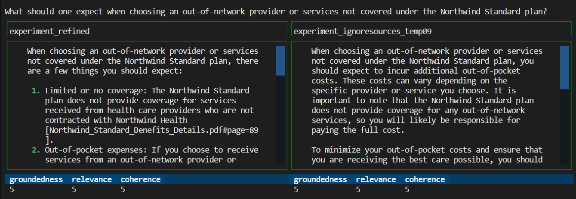 Captura de pantalla que muestra la comparación de respuestas de evaluación entre evaluaciones.