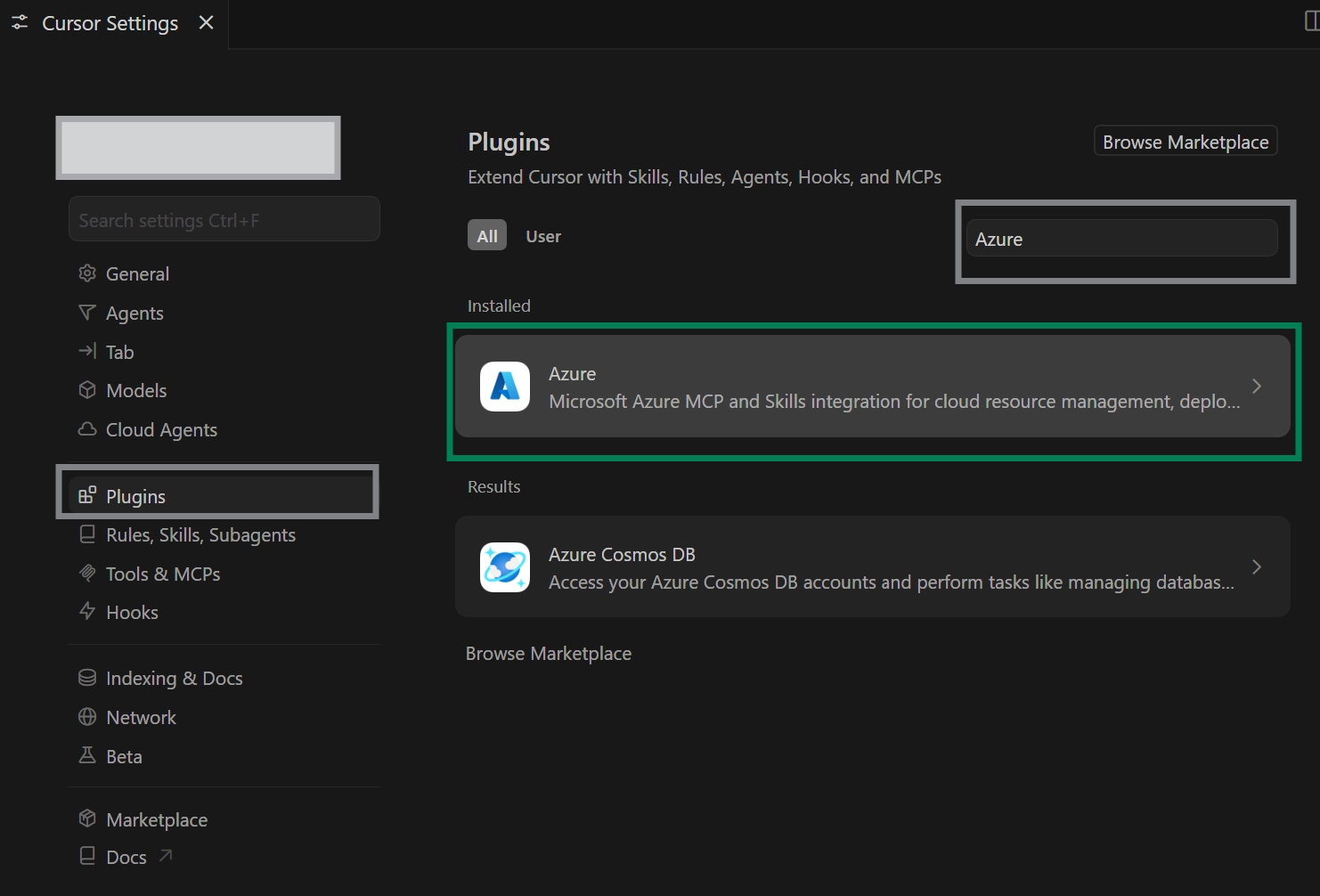 Captura de pantalla que muestra el complemento de Azure en la configuración de los complementos de cursor.