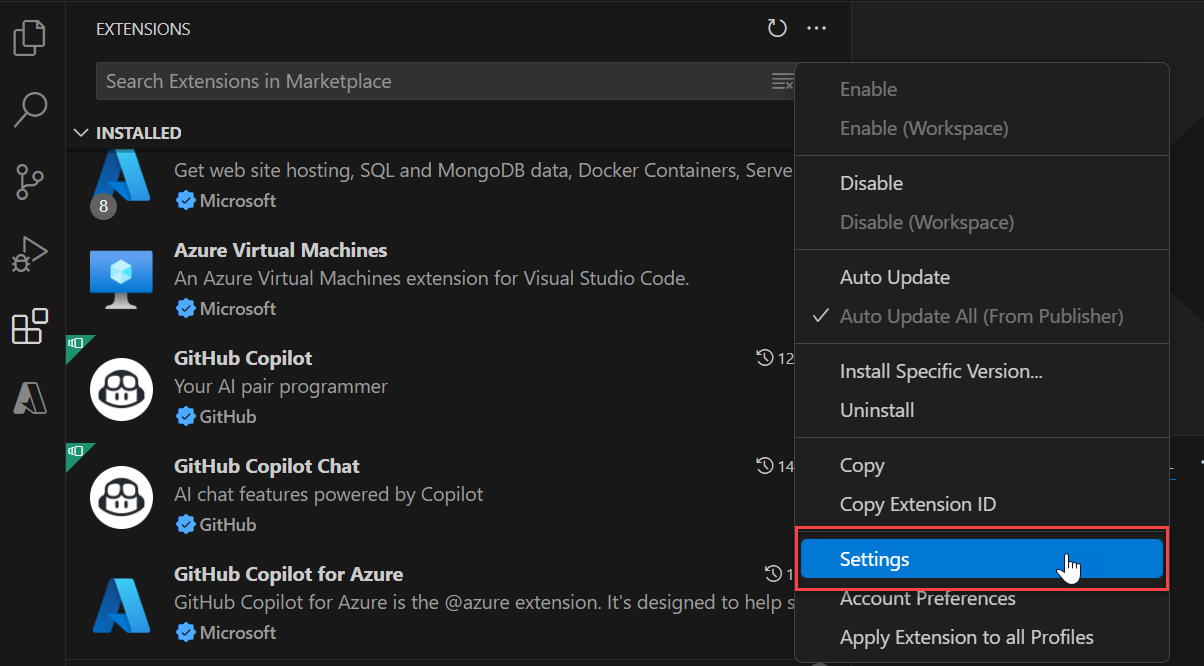 Screenshot que muestra el menú emergente de GitHub Copilot para Azure.