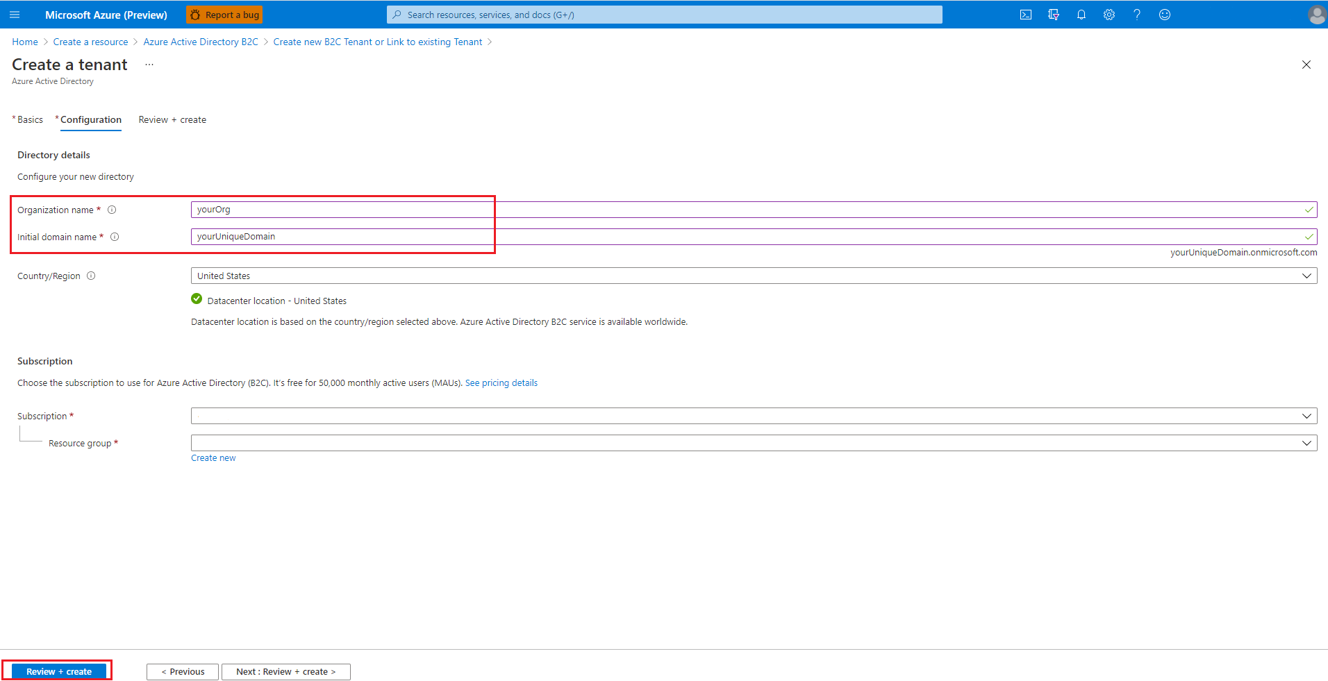 Pantalla Crear inquilino de Azure&nbsp;AD&nbsp;B2C.