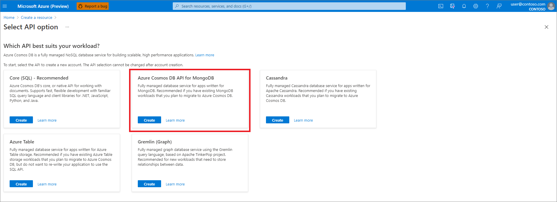 Portal de Azure, crea un recurso, selecciona la opción de API y elige Azure Cosmos DB para MongoDB.