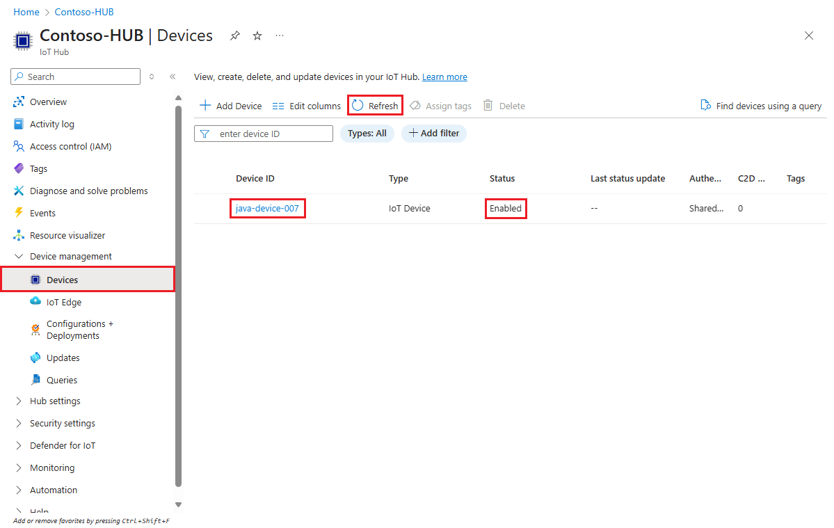 Captura de pantalla que muestra que el dispositivo está registrado con el centro de IoT y habilitado para el ejemplo de Java.