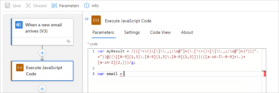 Captura de pantalla que muestra el flujo de trabajo Estándar, la acción Ejecutar código JavaScript y el código de ejemplo que crea variables.