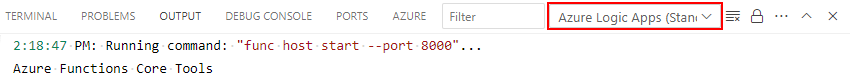 Captura de pantalla que muestra la ventana Salida con la lista de ámbitos y Azure Logic Apps (Estándar) seleccionada.