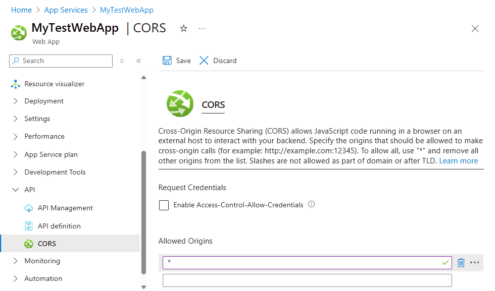 Recorte de pantalla mostrando el panel CORS de la aplicación web con Orígenes permitidos establecido en *, lo que permite todos los orígenes.