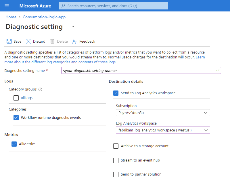 Captura de pantalla que muestra Azure Portal, el área de trabajo de Log Analytics y los datos que se van a recopilar.