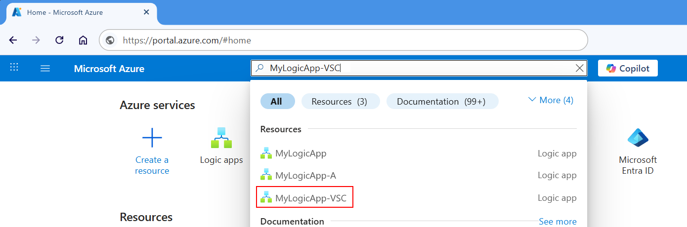 Captura de pantalla que muestra Azure Portal, el cuadro de búsqueda y el nombre especificados para la aplicación lógica con el resultado resaltado.