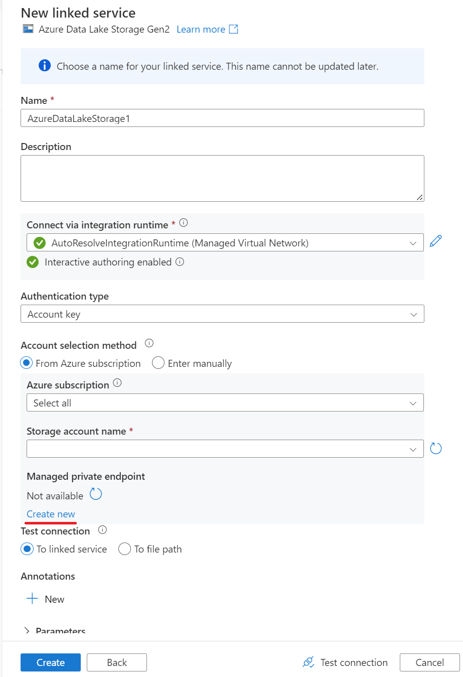 Recorte de pantalla de un nuevo punto de conexión privado 1 del servicio vinculado de base de datos Azure SQL Server&nbsp;2022.