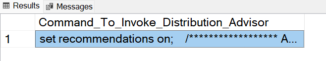 Captura de pantalla de la salida de un resultado de T-SQL que muestra el Command_to_Invoke_Distribution_Advisor.