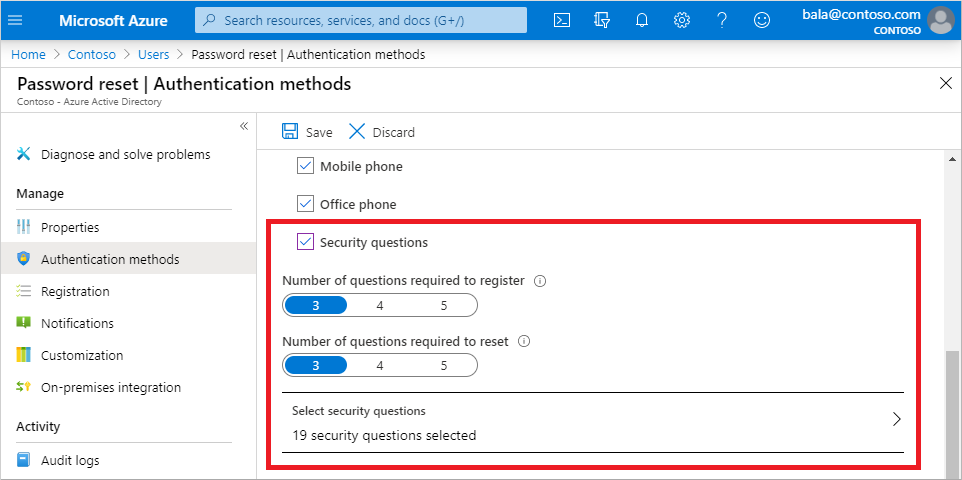 Captura de pantalla del Centro de administración de Microsoft Entra que muestra métodos de autenticación y opciones para preguntas de seguridad
