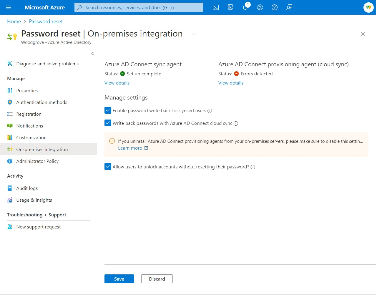 Habilitar el autoservicio de restablecimiento de contraseñas de Microsoft Entra para la retroescritura de contraseñas
