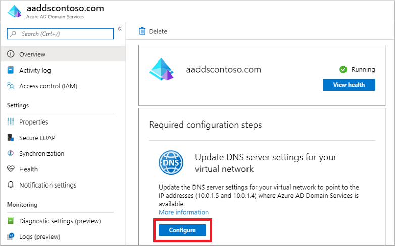 Configuración de dns para la red virtual con las direcciones IP de Microsoft Entra Domain Services