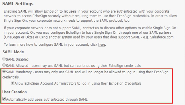 Captura de pantalla que resalta la configuración de SAML, incluida la opción SAML Mandatory (SAML obligatorio).