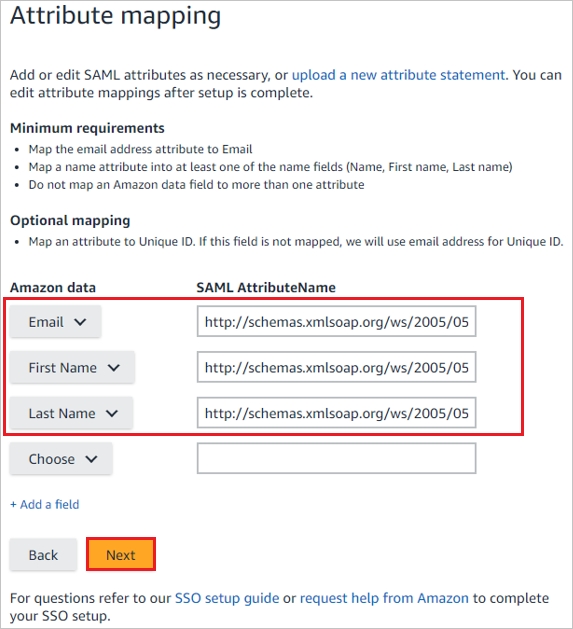 Captura de pantalla de mapeo de atributos, donde puede editar los nombres de atributos SAML de los datos de Amazon.