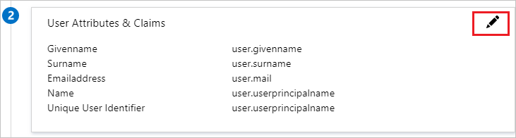 Captura de pantalla que muestra los atributos de usuario y las reclamaciones con valores predeterminados, como Givenname user.givenname y Emailaddress user.mail.